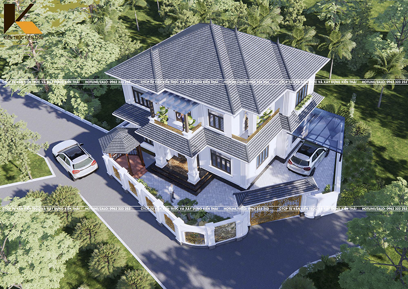 Phối cảnh biệt thự 2 tầng mái Nhật hiện đại 280m2 nhìn từ trên cao tại Lý Nhân