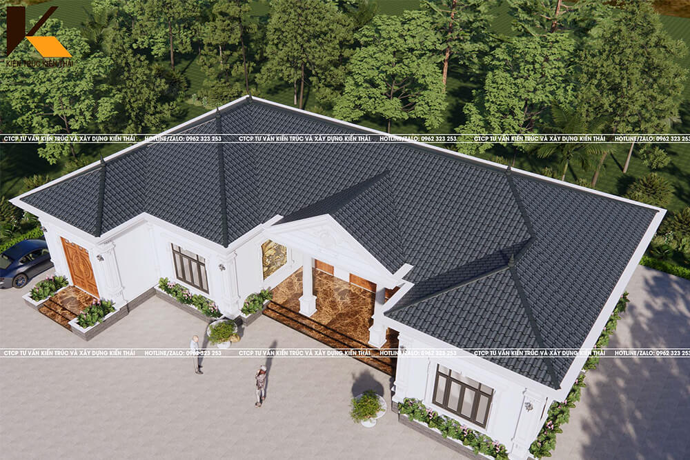 Góc nhìn từ trên cao biệt thự tân cổ điển 1 tầng sang trọng tại Ninh Bình, mái thái bền đẹp