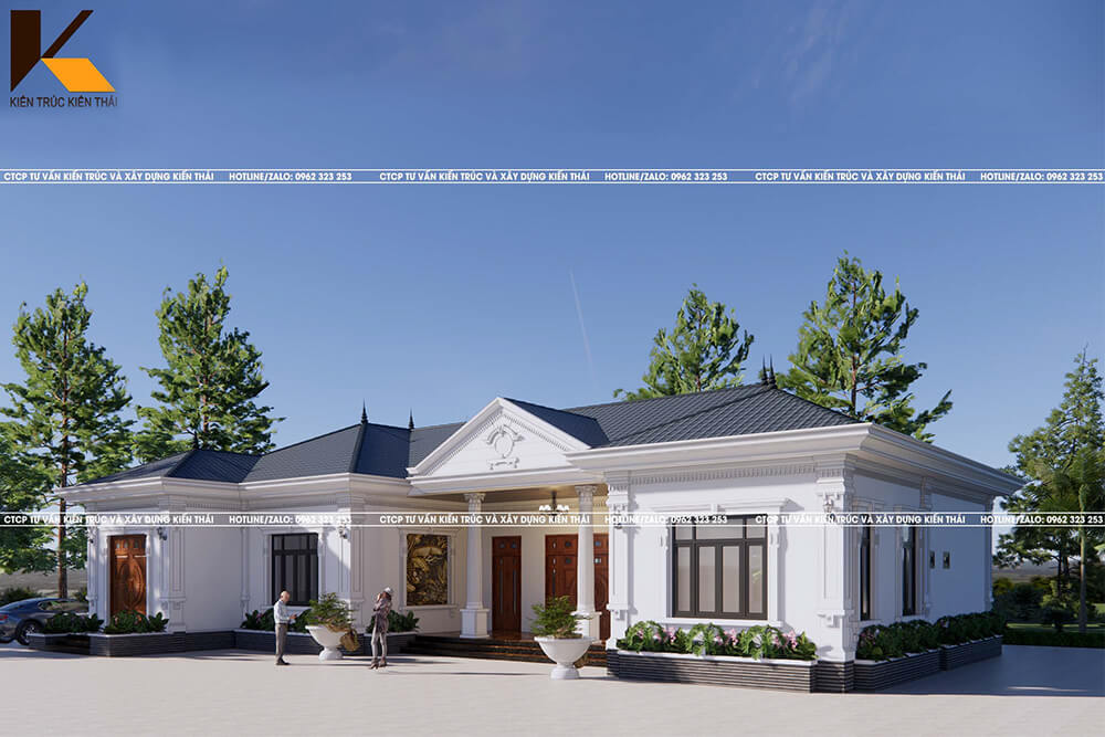 Mặt tiền biệt thự tân cổ điển 1 tầng đẹp lộng lẫy tại Ninh Bình với hệ mái thái cân đối