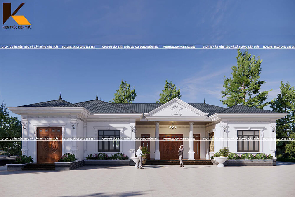 Biệt thự tân cổ điển 1 tầng sang trọng tại Ninh Bình với mái thái hiện đại và sảnh chính bề thế