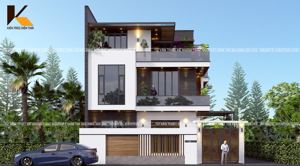 Phối cảnh mặt tiền biệt thự 3 tầng 320m² hiện đại mái Nhật tại Kim Sơn Ninh Bình