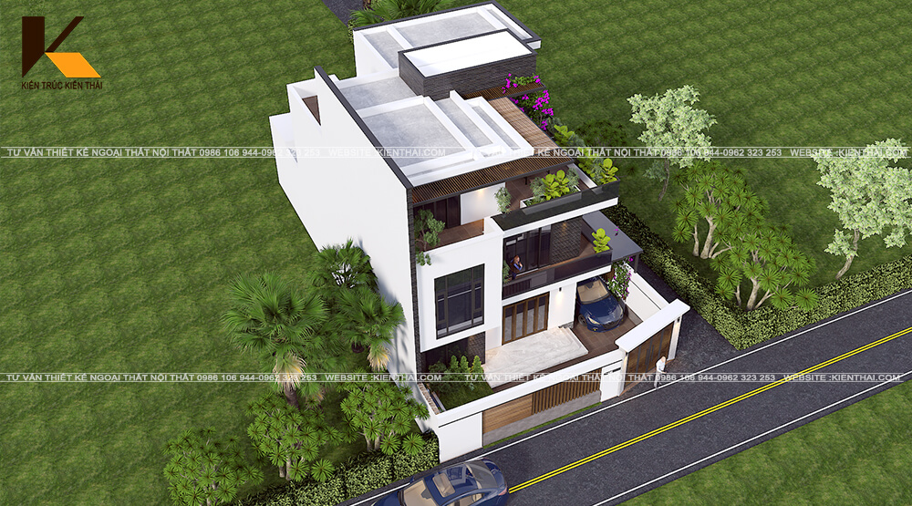 Phối cảnh mặt tiền biệt thự 3 tầng 320m² hiện đại mái Nhật tại Kim Sơn Ninh Bình