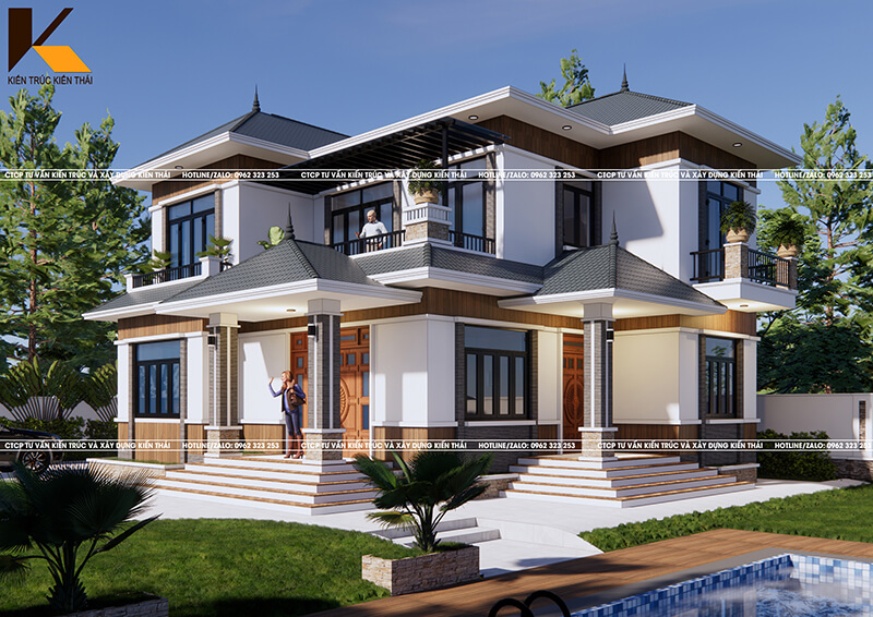 Biệt thự 2 tầng mái Nhật sân vườn rộng có hồ bơi