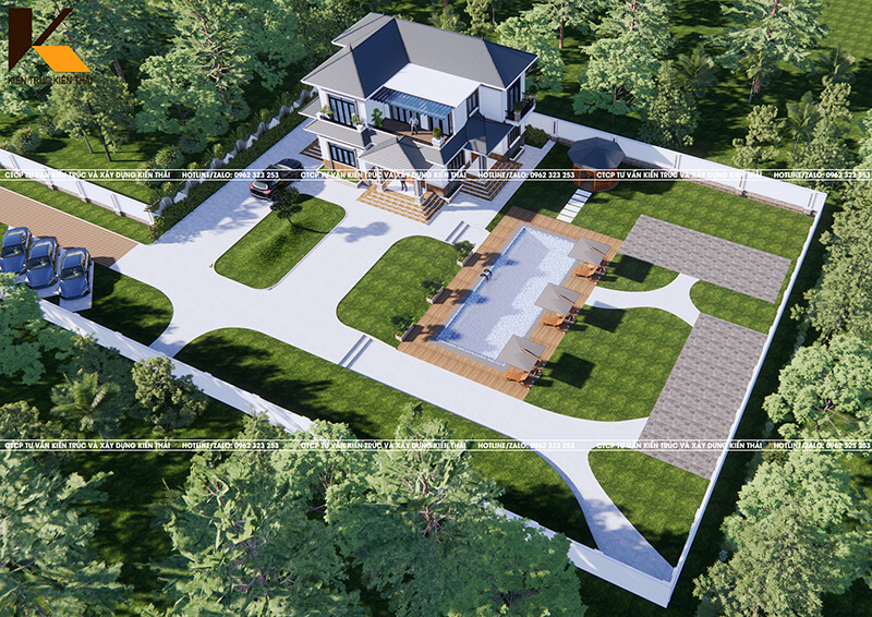 Biệt thự 2 tầng mái Nhật sân vườn rộng có hồ bơi