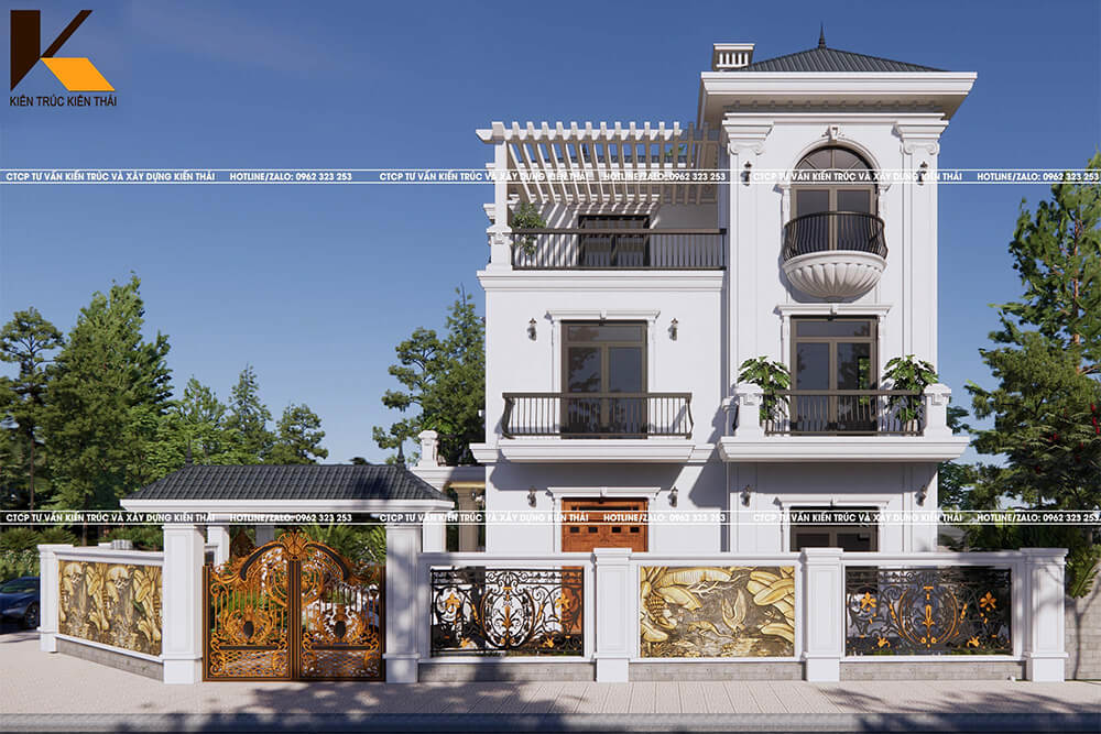 Cổng và mặt tiền biệt thự 3 tầng tân cổ điển tại Ninh Bình bền đẹp