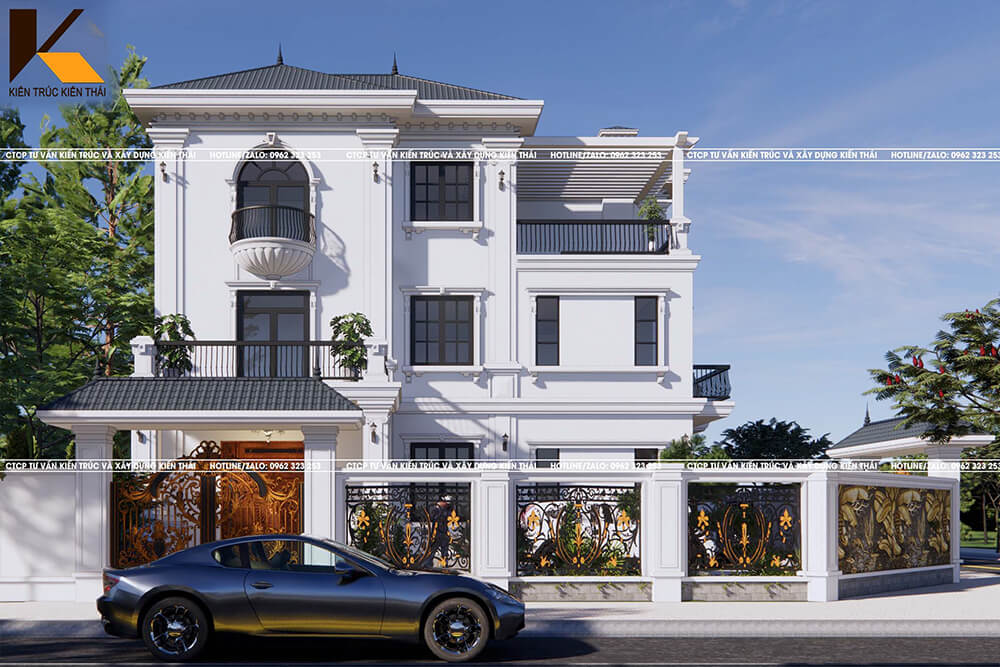 Biệt thự 3 tầng tân cổ điển trắng tinh tế, ban công sang trọng