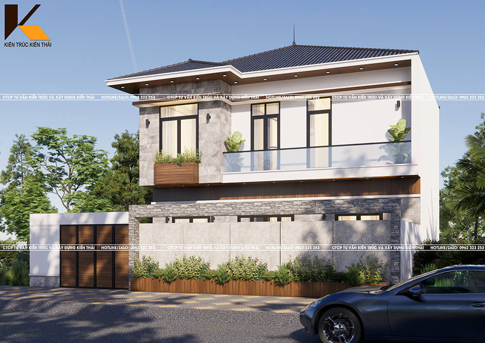 Ban công kính nhà phố mái Nhật 1 mặt tiền hiện đại